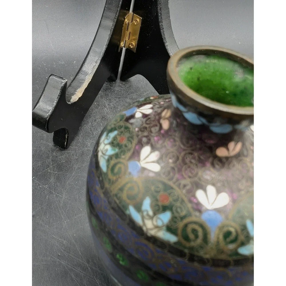 Antique Japanese Cloisonne Enamel Miniature Vase Blue Green Floral 3